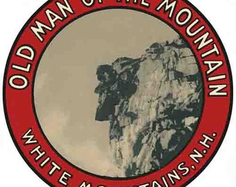 Vintage  1950's style  White Mountains NH  New Hampshire Old Man of the Mountain  retro  travel decal  sticker state map