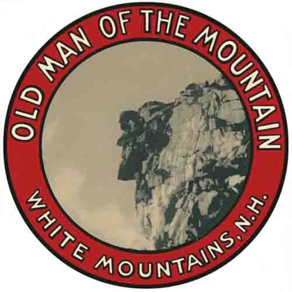 Vintage  1950's style  White Mountains NH  New Hampshire Old Man of the Mountain  retro  travel decal  sticker state map