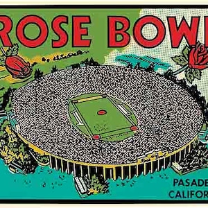 vintage 1950's style Rose Bowl Pasadena California CA rétro voyage autocollant autocollant carte d'état