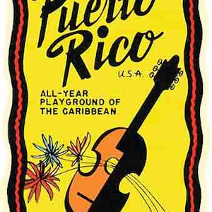 Vintage jaren 1950 stijl Puerto Rico gitaar muziek Caribische kaart retro reis sticker sticker