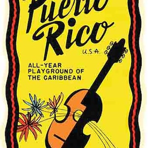 Vintage  1950's style  Puerto Rico  guitar music Caribbean  map    retro  travel decal  sticker