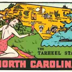 Vintage 1950 Stil North Carolina NC der Tarheel State retro Reise Aufkleber Aufkleber Zustand Karte