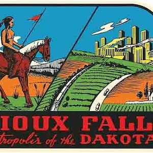 Vintage  1950&#39;s style  Sioux Falls SD South Dakota    retro  travel decal  sticker state map