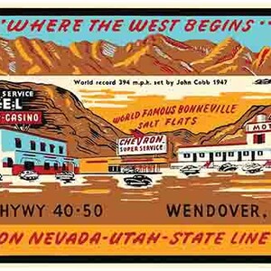 vintage années 1950 style Wendover Utah Nevada UT State Line Hwy US 40 rétro voyage autocollant autocollant carte de l’état