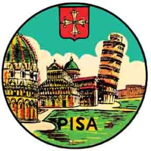 Può includere: Una cartolina vintage con un'illustrazione colorata della Torre Pendente di Pisa, Italia. La cartolina ha uno sfondo verde con uno scudo rosso e bianco con una croce nell'angolo in alto a destra. La cartolina include anche il testo "PISA" in lettere bianche.
