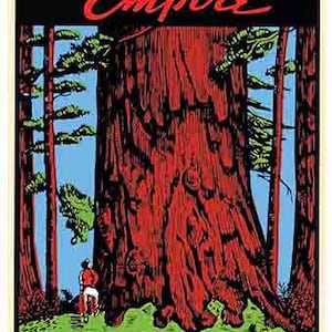 Vintage 1950 styl Miranda CA California Redwood Forest sekwoje retro naklejka podróżna mapa stanu