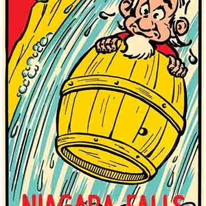 May include: A cartoon illustration of a man riding a barrel down a waterfall. The barrel is yellow and brown with a wooden hoop. The man is wearing a red shirt and has a white beard. The background is a blue and white waterfall with a yellow cliff.