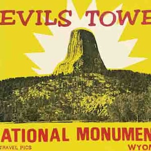 Vintage 1950 Stil Devils Tower National Monument WY Wyoming Park retro Reise Aufkleber Aufkleber Zustand Karte