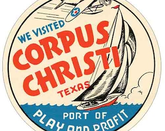 Corpus Christi TEXAS  TX Coast  Vintage Style 1950's Travel Decal Sticker beach 