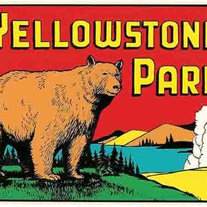 Vintage jaren 50-stijl Yellowstone National Park MT Montana Wyoming Bear retro reissticker sticker staat kaart