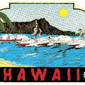 Vintage  1950&#39;s style Hawaii  Waikiki Beach Surfers Surfing     retro  travel decal   sticker state map