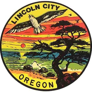 Vintage  1950&#39;s style  Lincoln City  OR  Oregon coast     retro  travel decal  sticker state map