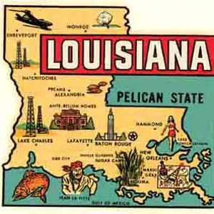 Style vintage des années 1950, carte de l'état de la Louisiane, carte de la Nouvelle-Orléans, baton rouge, carte de l'état de Pelican, autocollant de voyage rétro