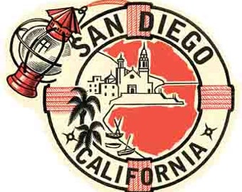 Vintage 1950er Jahre Stil CA San Diego Strand Retro Reise Aufkleber Aufkleber Zustand Karte