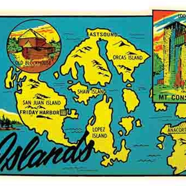 Vintage  1950's style  San Juan Islands WA  Washington   retro  travel decal  sticker state map