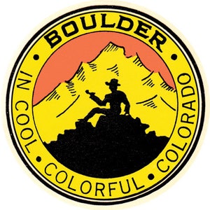 May include: A yellow and red circular sticker with the text "BOULDER IN COOL COLORADO" and a silhouette of a mountain range with a person sitting on a rock.