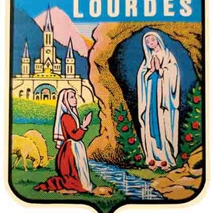Estilo vintage dos anos 1960 Lourdes França Virgem Maria retro decalque de viagem adesivo mapa do estado