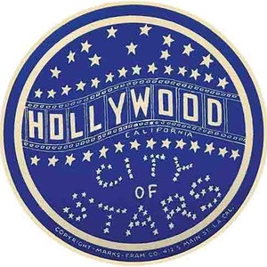 May include: A blue and white circular sticker with the text "HOLLYWOOD CALIFORNIA CITY OF STARS" and a star pattern. The text "COPYRIGHT MARKS-FRAM CO. 4125 MAIN ST LA CAL." is at the bottom.