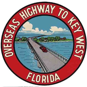 Vintage jaren 1950 stijl Overseas Highway Florida Keys Islamorada Marathon Key West retro reis sticker sticker staat kaart