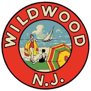 Vintage  1950&#39;s style  Wildwood  NJ  New Jersey  beach shore    retro  travel decal  sticker state map