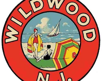 Vintage  1950's style  Wildwood  NJ  New Jersey  beach shore    retro  travel decal  sticker state map