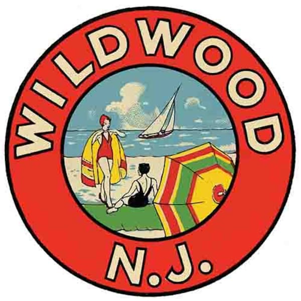 Vintage  1950's style  Wildwood  NJ  New Jersey  beach shore    retro  travel decal  sticker state map