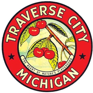 Estilo vintage dos anos 1960, Traverse City Michigan MI Great Lakes, adesivo retrô de viagem, mapa do estado