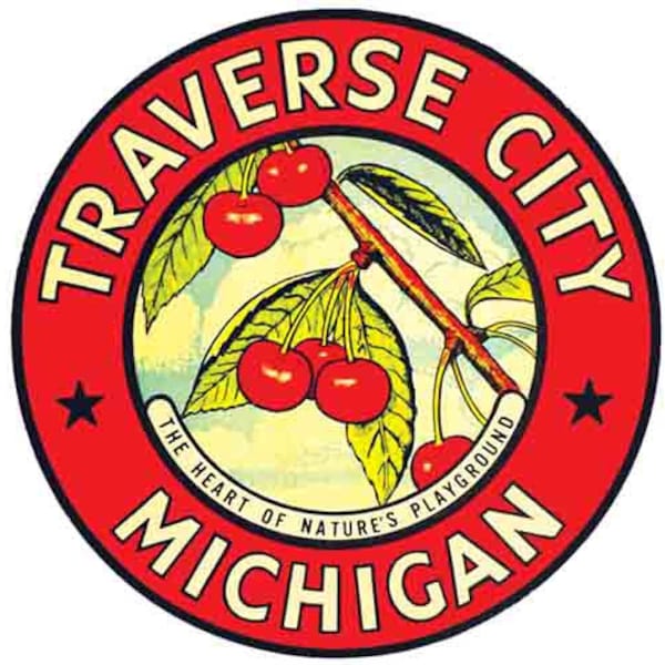Vintage  1960's style  Traverse City  Michigan  MI  Great Lakes     retro  travel decal  sticker state map