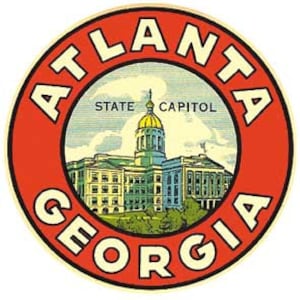 Vintage  1960's style  Atlanta GA  Georgia          retro  travel decal  sticker state map