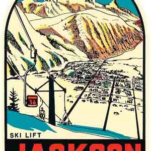 Style vintage des années 50, Jackson Hole, WY, Wyoming National Park, ski sur neige, autocollant de voyage rétro, carte de l'état
