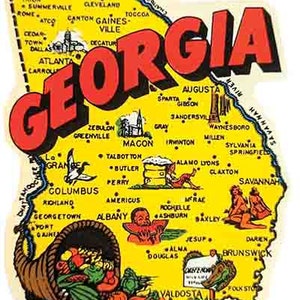 Style vintage des années 1950 Georgia Atlanta Macon Savannah Augusta Albany autocollant de voyage rétro carte de l'état
