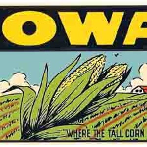 Vintage 1950-talsstil Iowa Corn Farmers Des Moines retro reseklistermärke delstatskarta