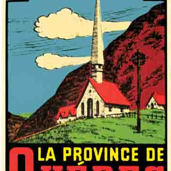 Vintage  1950's style  Quebec   Canada   Lighthouse  church  retro  travel decal  sticker state map