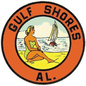 Vintage 1950 Stil Golf Shores AL Alabama Orange Strand Golf von Mexiko retro Reise Aufkleber Aufkleber Zustand Karte