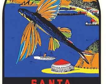 Vintage  1950's style  Santa Catalina Island California fly fish     retro  travel decal  sticker state map