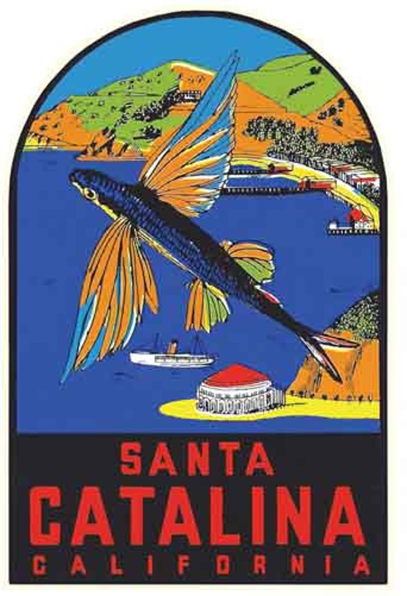 Vintage 1950's style Santa Catalina Island California fly fish retro travel decal sticker state map image 1