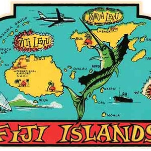 Vintage 1950 Stil Fidschi-Inseln Südpazifik Inseln retro Reise Aufkleber Aufkleber Zustand Karte