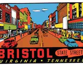 Vintage  1950's style  Bristol TN VA  Tennessee Virginia      retro  travel decal  sticker state map