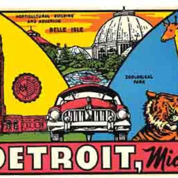 Vintage  1950's style  Detroit Michigan     retro  travel decal  sticker state map