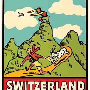 Puede incluir: Un cartel de viaje vintage con una ilustración de dibujos animados de una persona lanzando un avión de papel desde la cima de una montaña en Suiza. El cartel tiene un esquema de color verde, amarillo y azul y el texto "SWITZERLAND" en letras rojas.