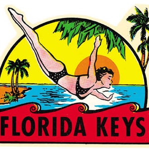 Vintage 1950 's stijl Florida toetsen Key West Largo Marathon Islamorada ronde retro reizen decal sticker staat kaart