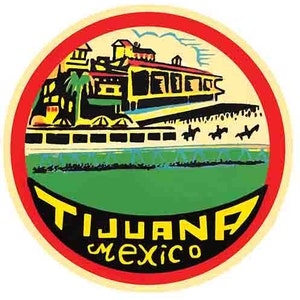 Vintage  1950&#39;s style  Tijuana Mexico round   retro  travel decal  sticker state map