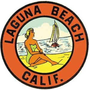 May include: A vintage-style souvenir patch featuring a woman in a swimsuit sitting on a beach with a sailboat in the background. The text "LAGUNA BEACH CALIF." is printed in a circle around the image.