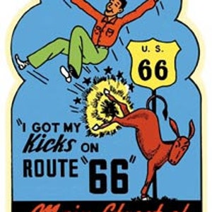 Estilo vintage dos anos 1950 Kicks On US Route 66 rodovia retrô adesivo de viagem mapa do estado