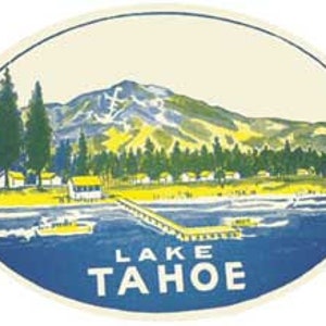 Adesivo de viagem oval estilo vintage dos anos 1950, Lake Tahoe, Nevada, Califórnia, mapa do estado