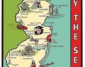 Estilo vintage dos anos 1950 Wildwood NJ New Jersey praia costa à beira-mar adesivo decalque de viagem retrô mapa do estado