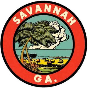May include: A circular graphic featuring the word "SAVANNAH" in white letters on a red border. Inside, a palm tree, beach scene, and the letters "GA." are visible. The design has a vintage, travel-themed aesthetic.