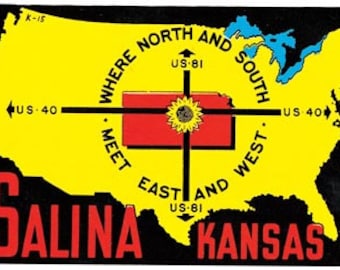 Vintage 1950er Jahre Stil Salina KS Kansas Retro Reise Aufkleber Aufkleber Zustand Karte