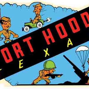 May include: A vintage travel sticker with a black and red banner that reads "FORT HOOD TEXAS" in white letters. The sticker features a cartoon soldier driving a jeep, another soldier parachuting, and a third soldier holding a gun. The sticker has a blue background with white clouds.