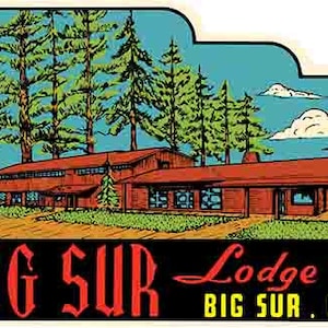 vintage années 1950 style Big Sur Lodge CA Californie rétro voyage autocollant autocollant carte de l’état